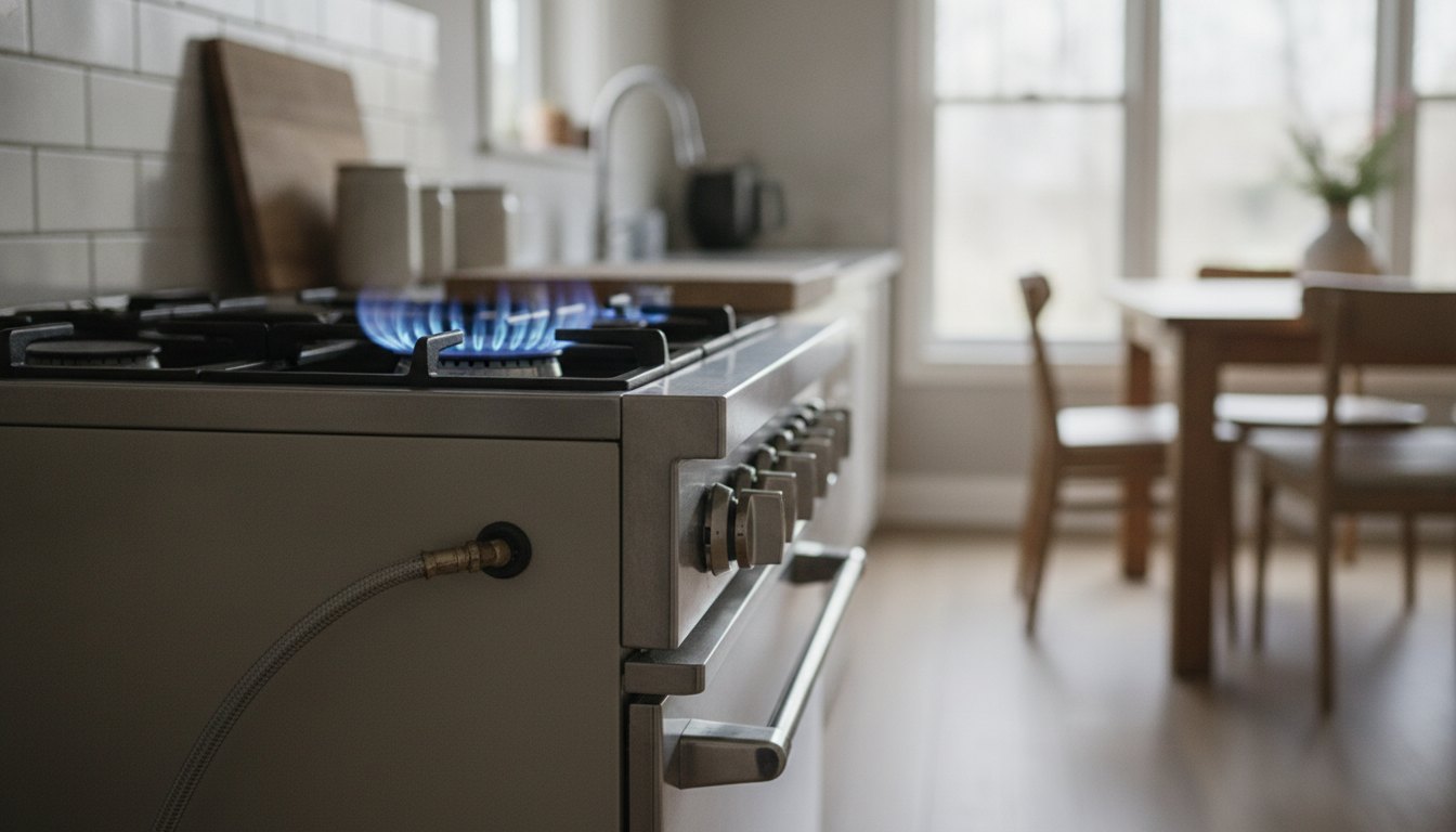 Fogão com chamas azuis acesas conectado a uma mangueira metálica flexível em uma cozinha residencial.