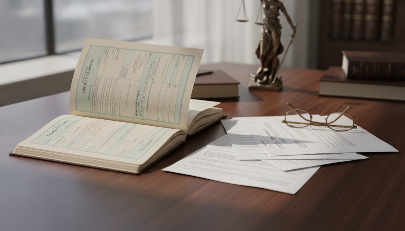 Carteira de trabalho aberta sobre uma mesa de escritório ao lado de atestados e receitas.