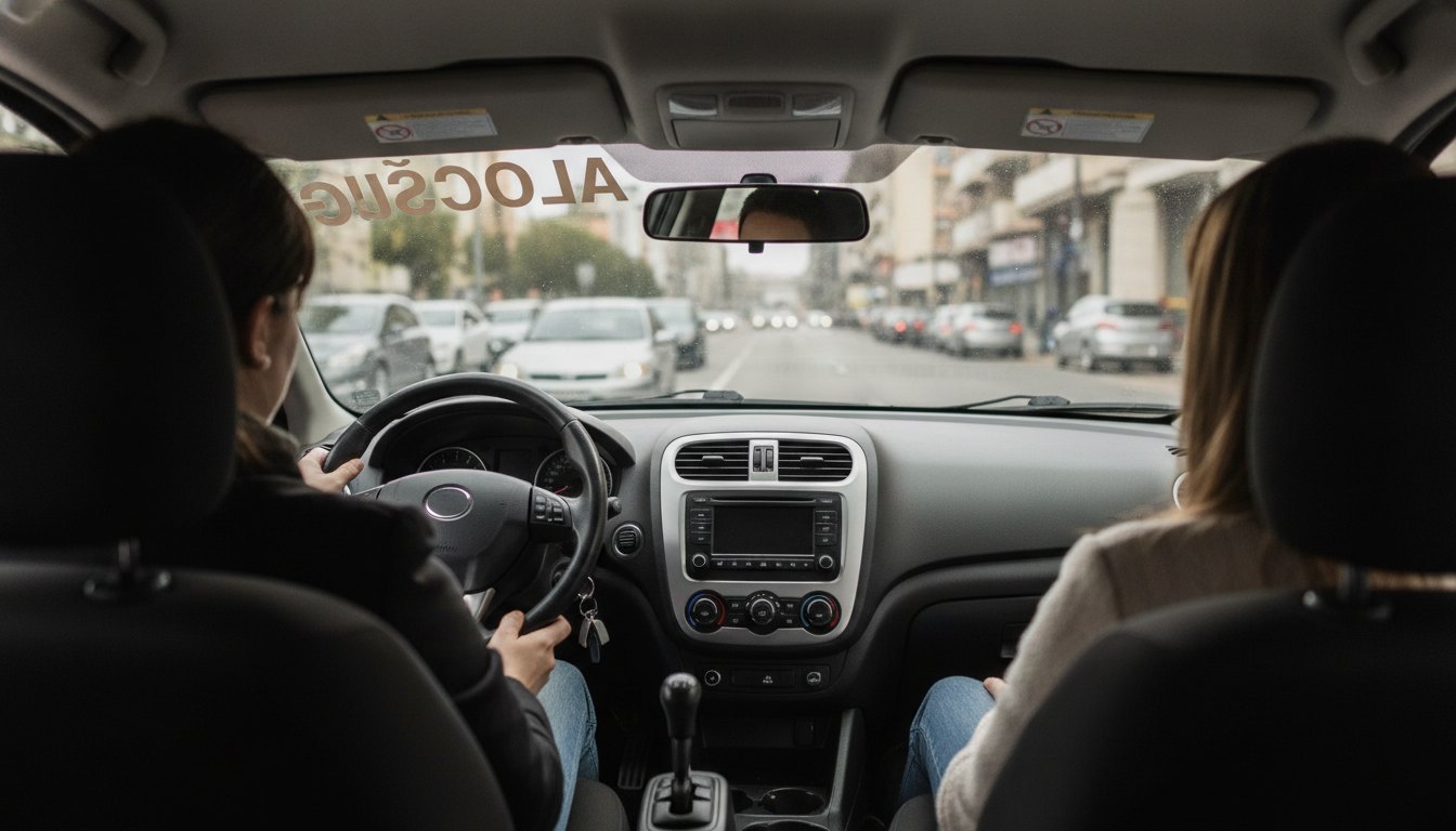 Aluno ao volante de carro de instrução com professor no banco do passageiro no trânsito urbano