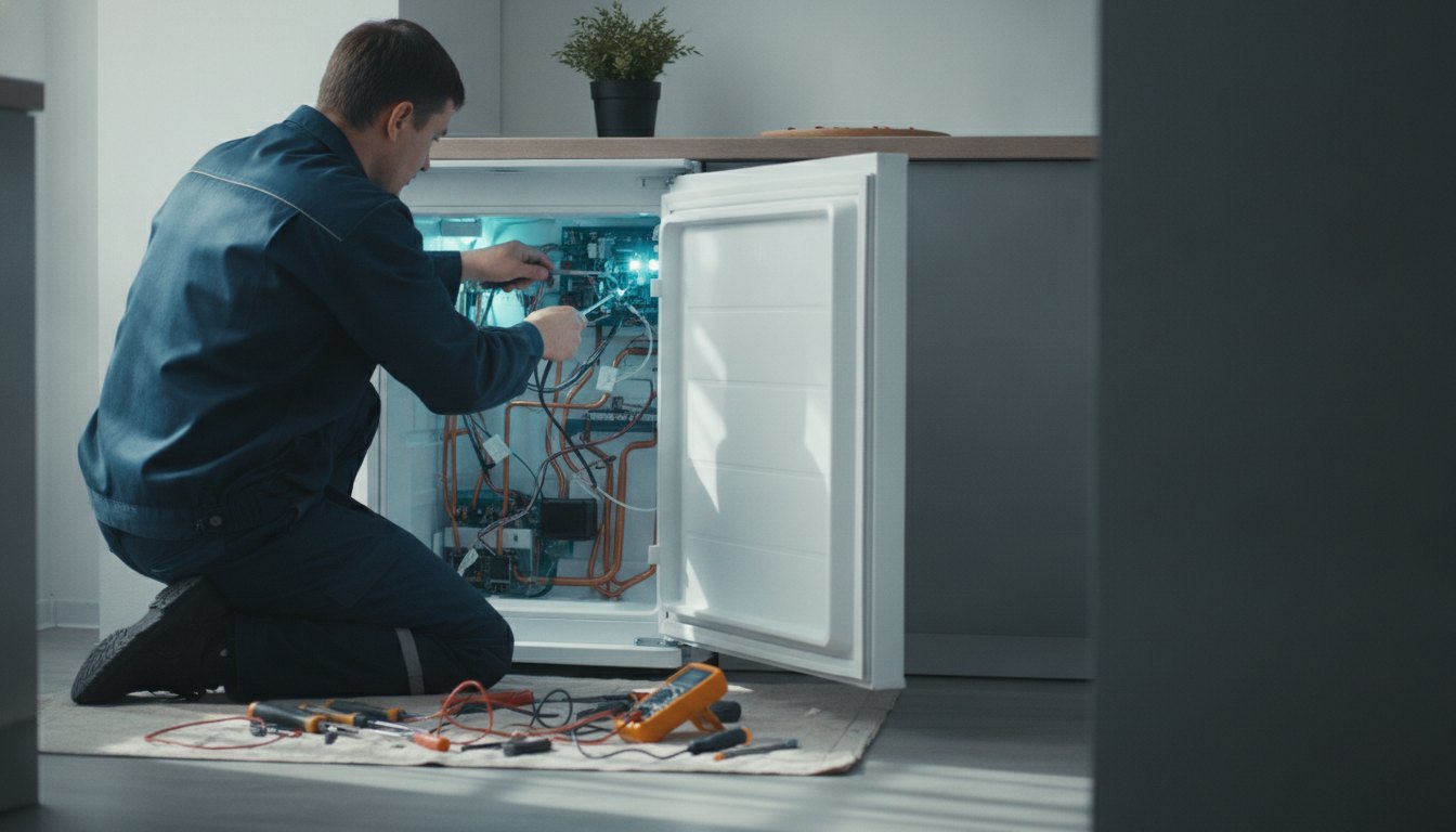 Técnico com uniforme manuseando ferramentas em frente a um painel aberto de equipamento doméstico.