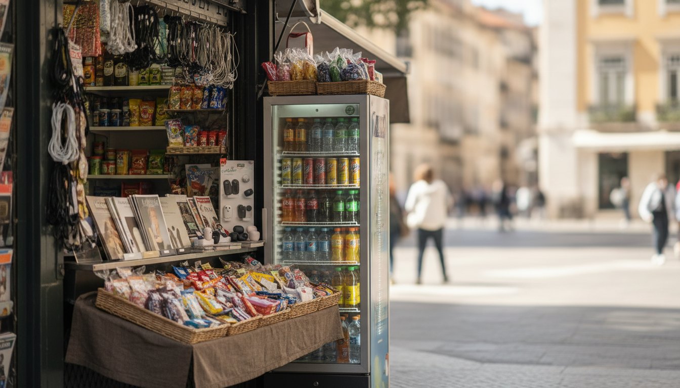 Banca de jornal na calçada vendendo doces, bebidas, fones de ouvido e algumas revistas.