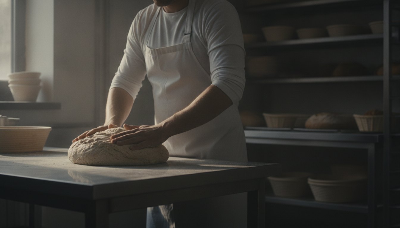 Padeiro de avental branco sovando massa de pão sobre uma mesa de aço inoxidável na madrugada