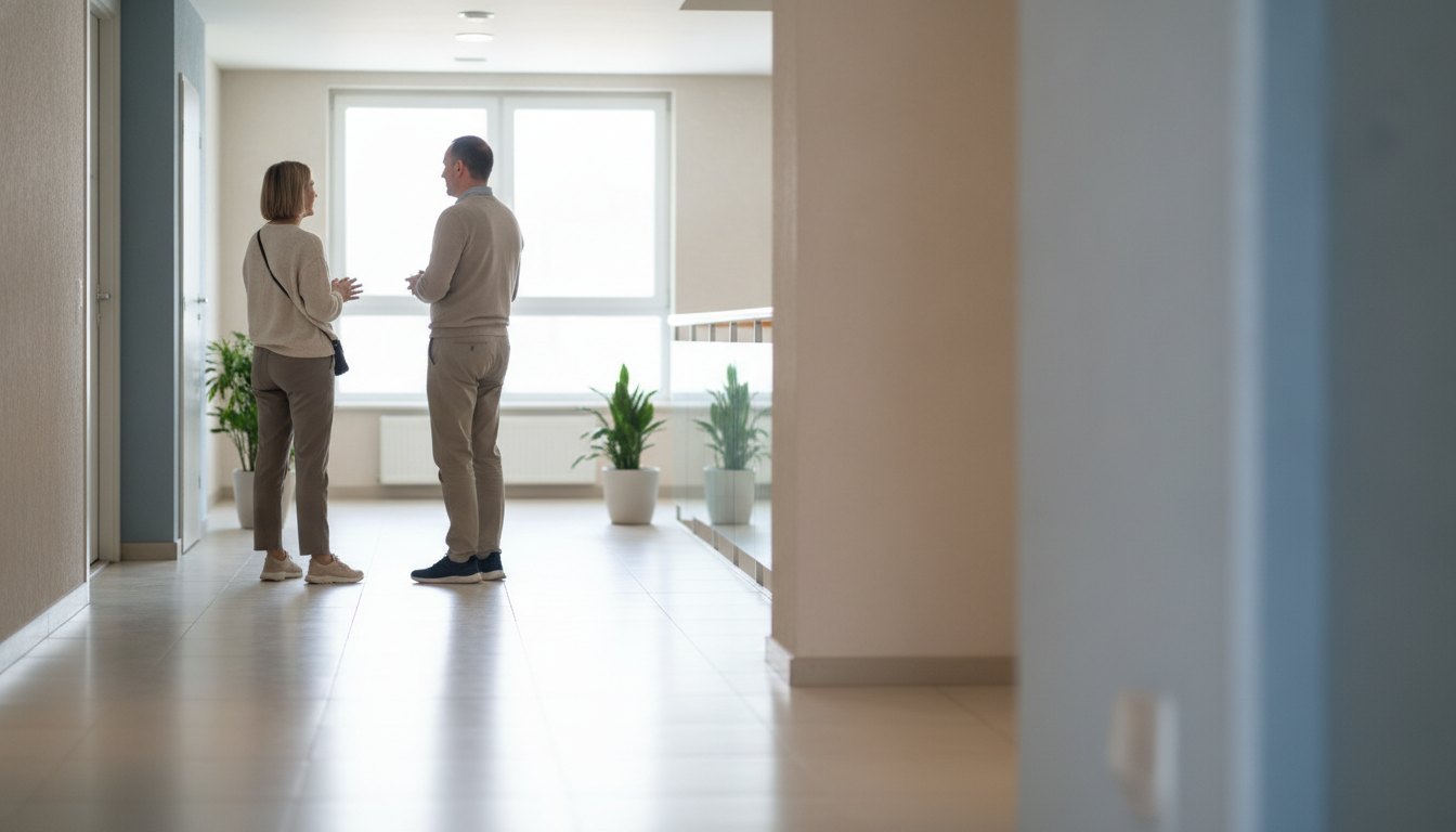 Dois moradores conversando calmamente no corredor de um andar de prédio residencial com piso claro.