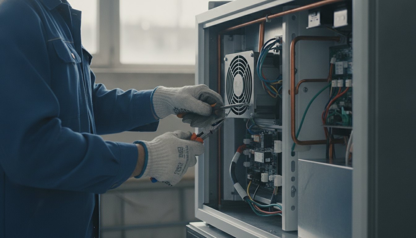 Técnico com ferramentas nas mãos ajustando o painel de um aparelho de refrigeração aberto.