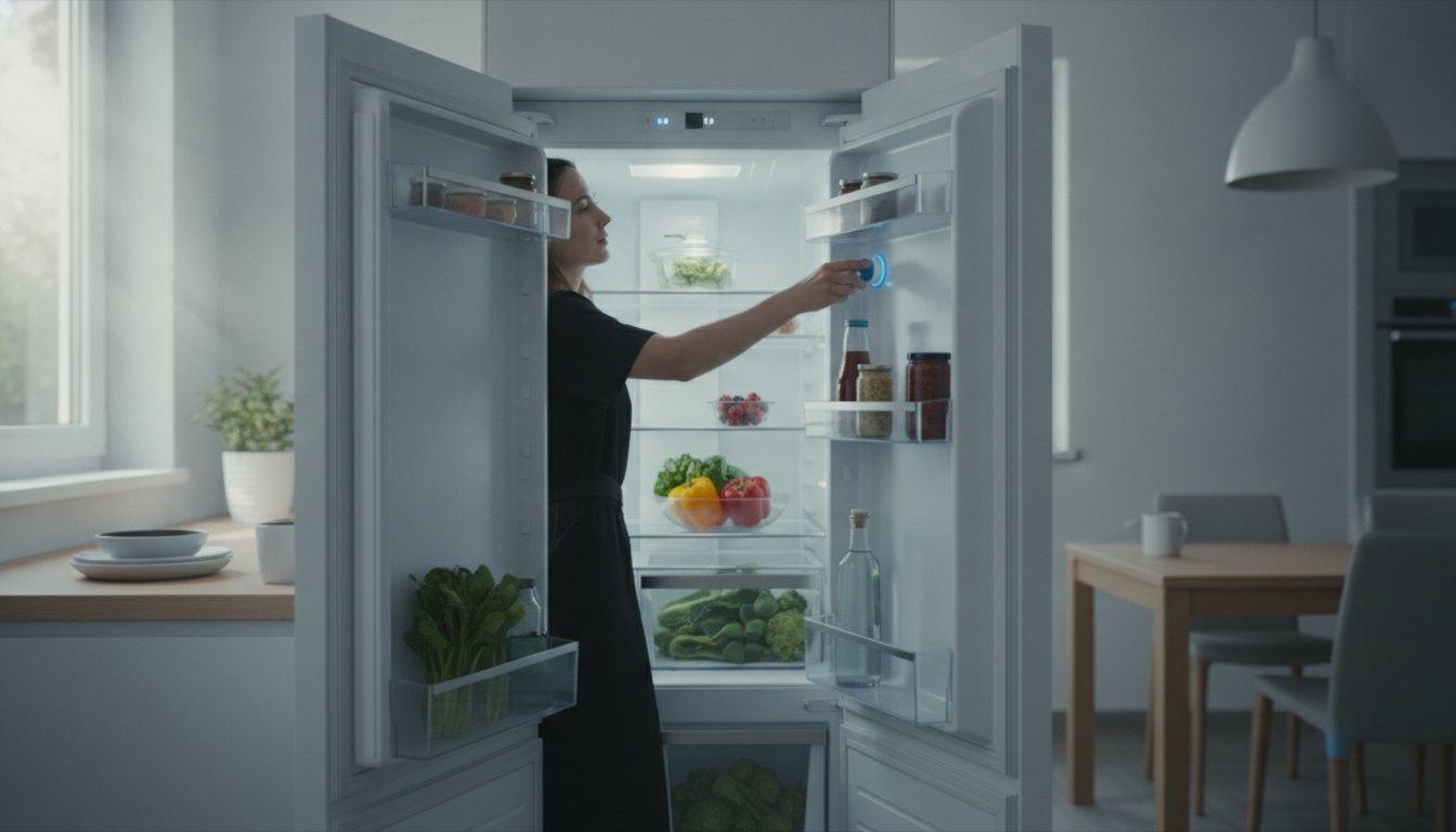 Homem ajustando o termostato de uma geladeira branca em uma cozinha iluminada