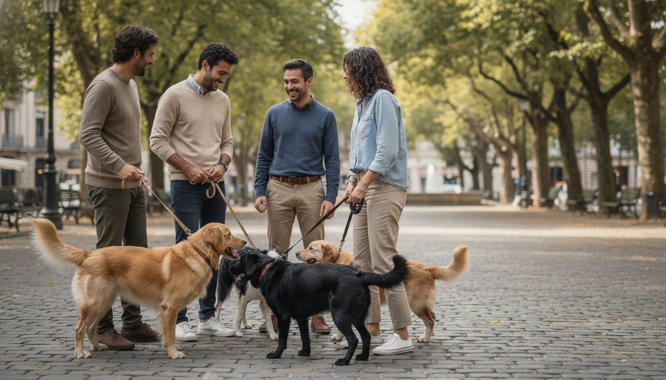 Pessoas conversando sorridentes em uma praça arborizada enquanto seguram as guias de seus cachorros.