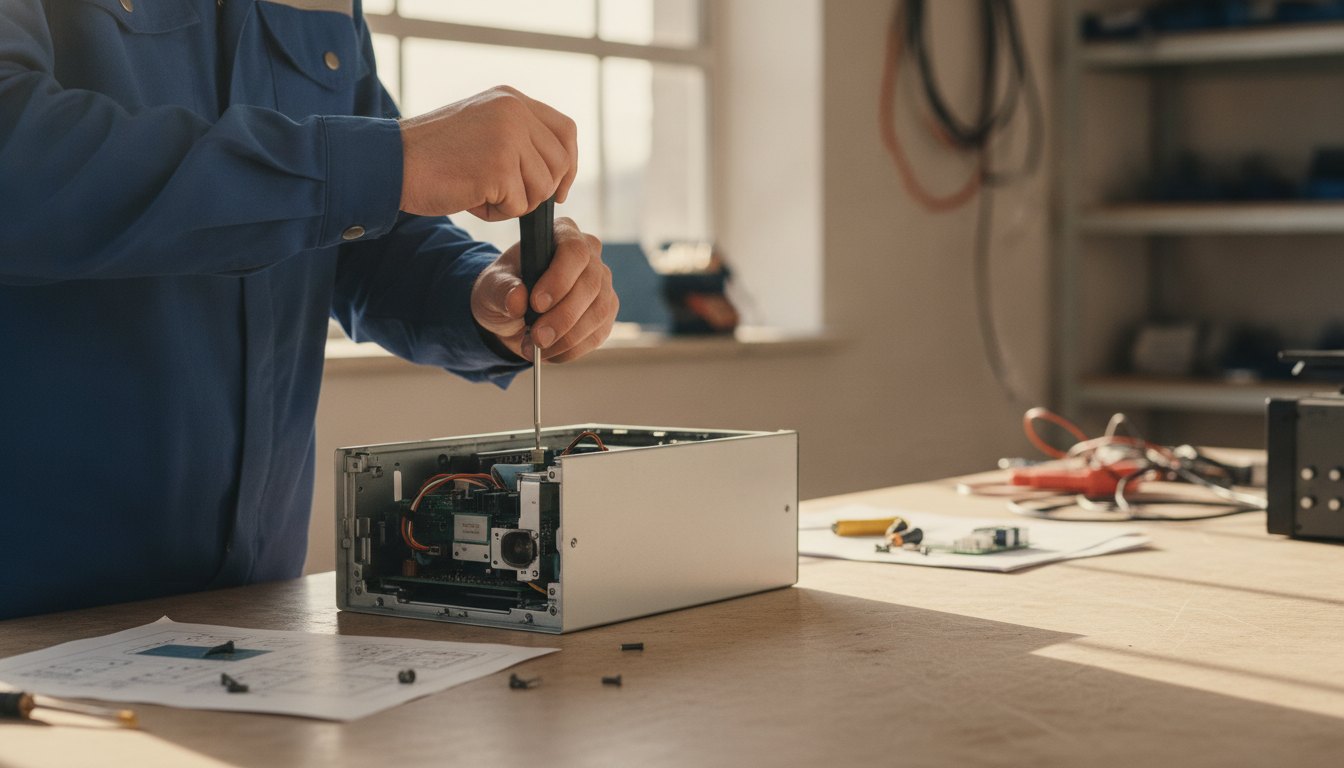 Técnico utilizando chave de precisão para abrir a carcaça de um aparelho eletrônico sobre bancada iluminada.