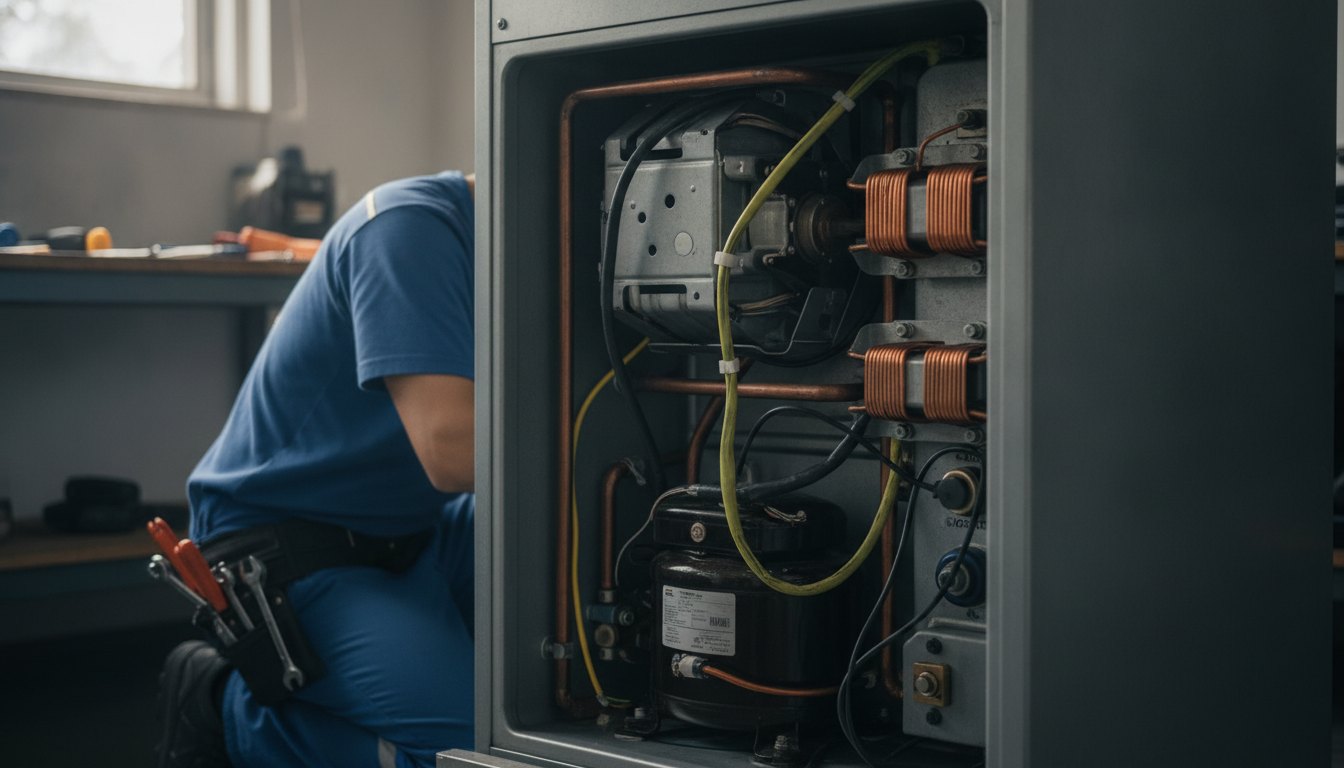 Técnico com uniforme azul inspecionando o motor na parte traseira de uma geladeira metálica aberta.