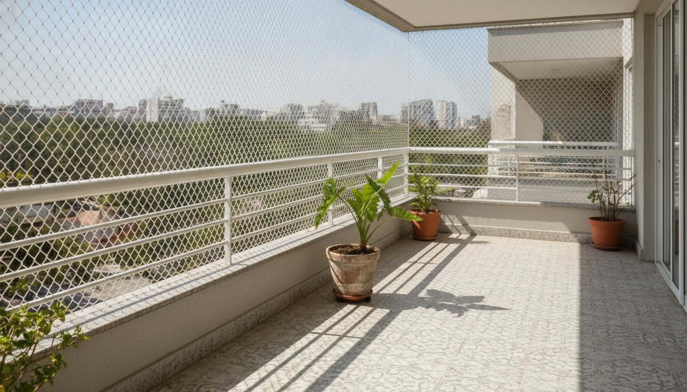 Varanda de apartamento com malha de segurança instalada recebendo luz solar direta durante a tarde.