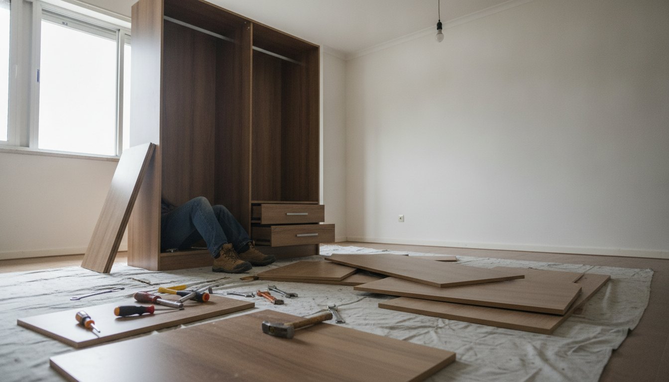 Profissional com ferramentas manuais desmontando um armário de madeira dentro de um quarto residencial vazio.