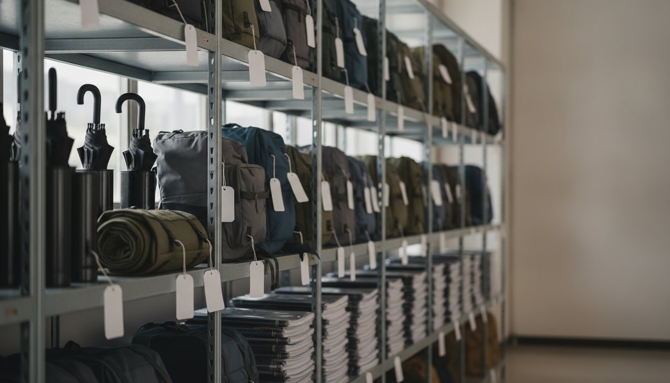 Prateleiras metálicas repletas de mochilas, guarda-chuvas e documentos organizados com etiquetas de identificação.