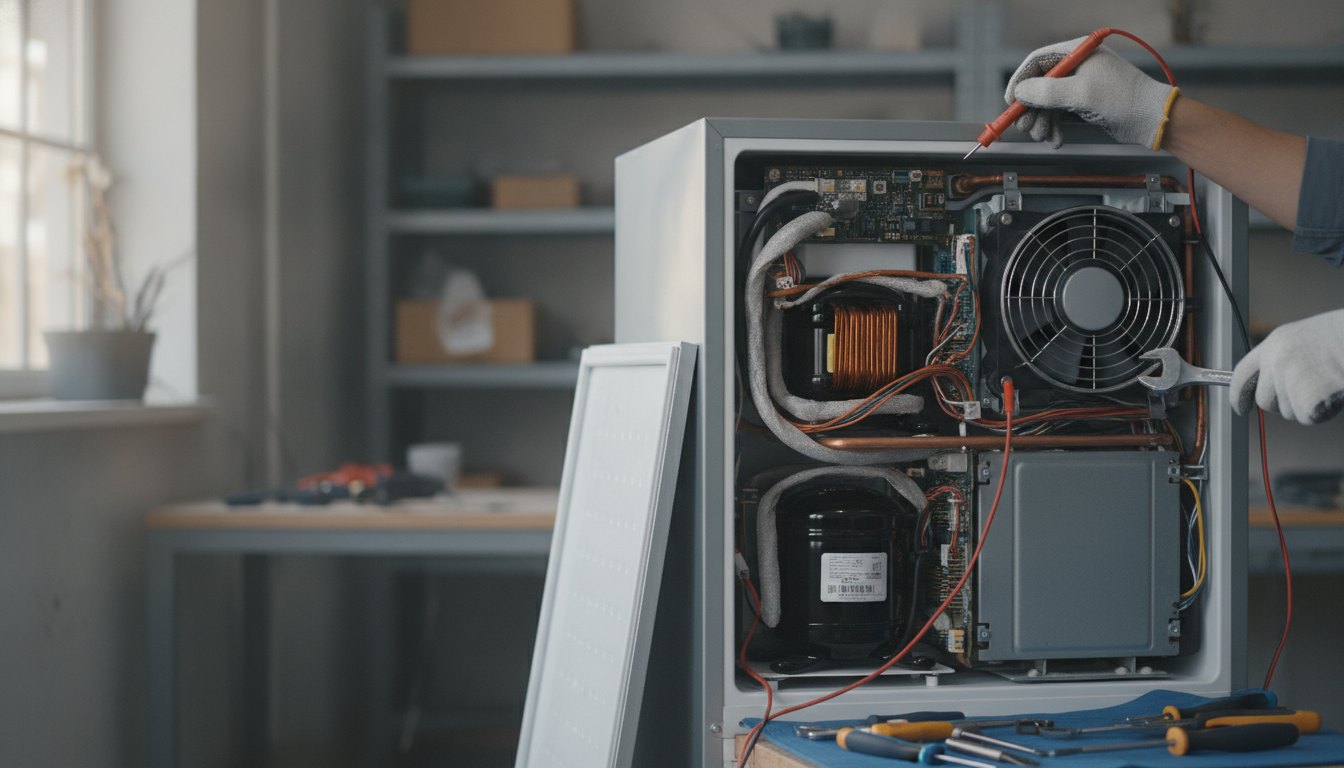 Técnico utilizando ferramentas manuais para inspecionar a parte traseira aberta de um refrigerador doméstico.