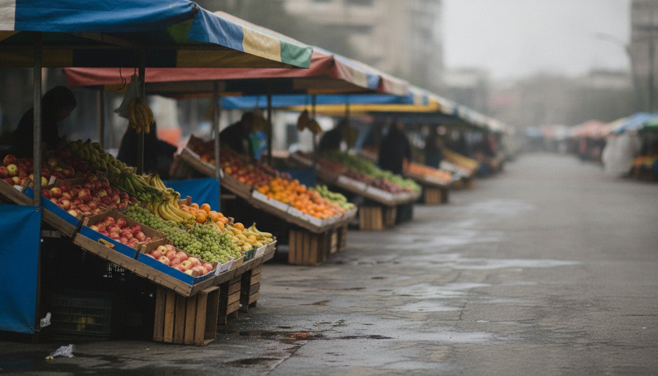 Barracas de feira alinhadas em uma rua asfaltada com toldos coloridos e caixas de frutas.