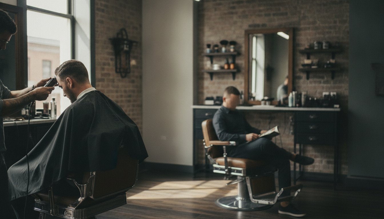 Homem cortando o cabelo enquanto conversa com o barbeiro e outro cliente aguarda sentado.