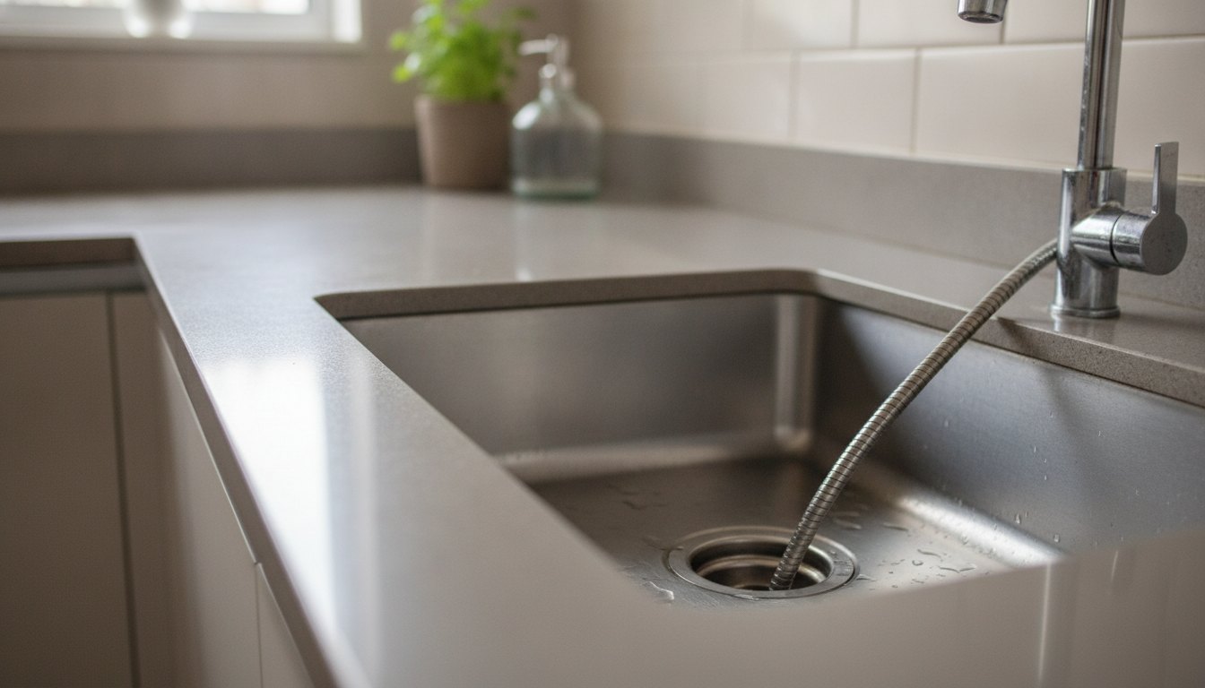 Pessoa utilizando uma haste flexível para desobstruir o ralo metálico de uma pia de cozinha.