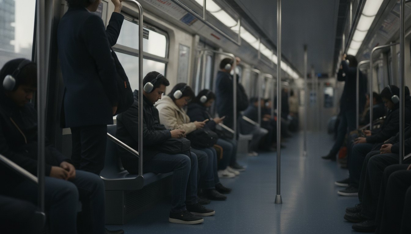 Passageiros sentados e em pé em um vagão de metrô iluminado usando fones de ouvido.