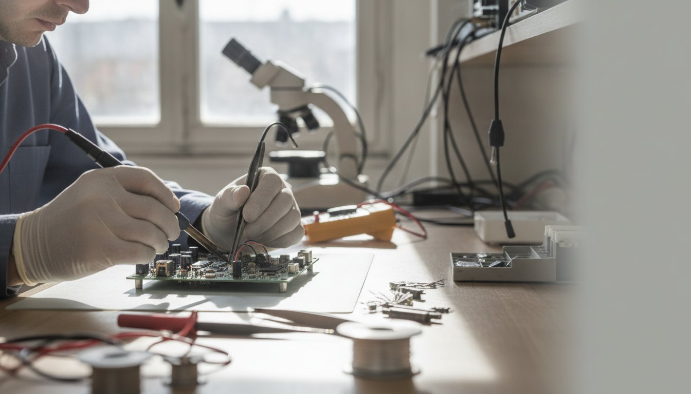 Técnico manuseando uma placa de circuito impresso com ferramentas de precisão sobre uma bancada iluminada.