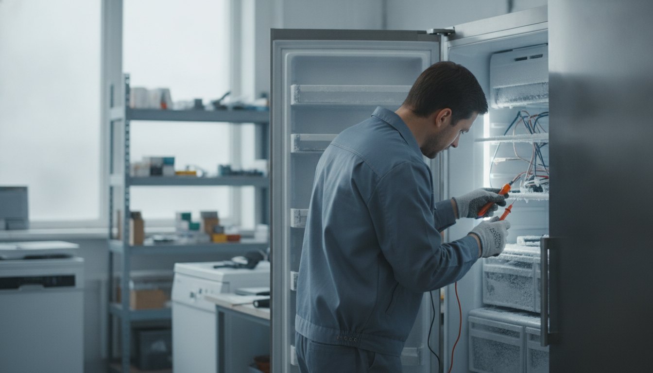 Técnico de uniforme inspecionando o interior de uma geladeira aberta com ferramentas nas mãos