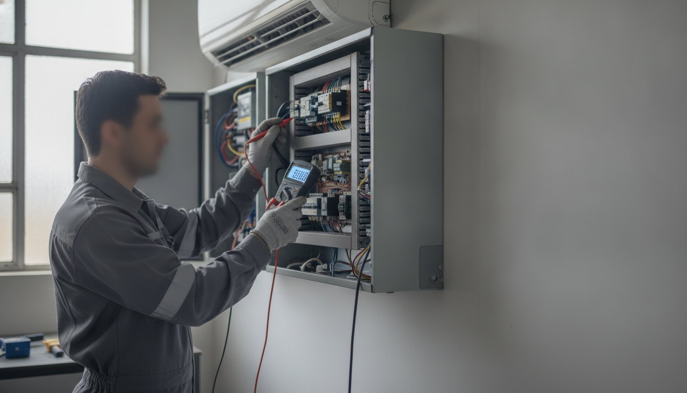 Profissional uniformizado testando o painel elétrico de um aparelho de ar-condicionado com multímetro digital.