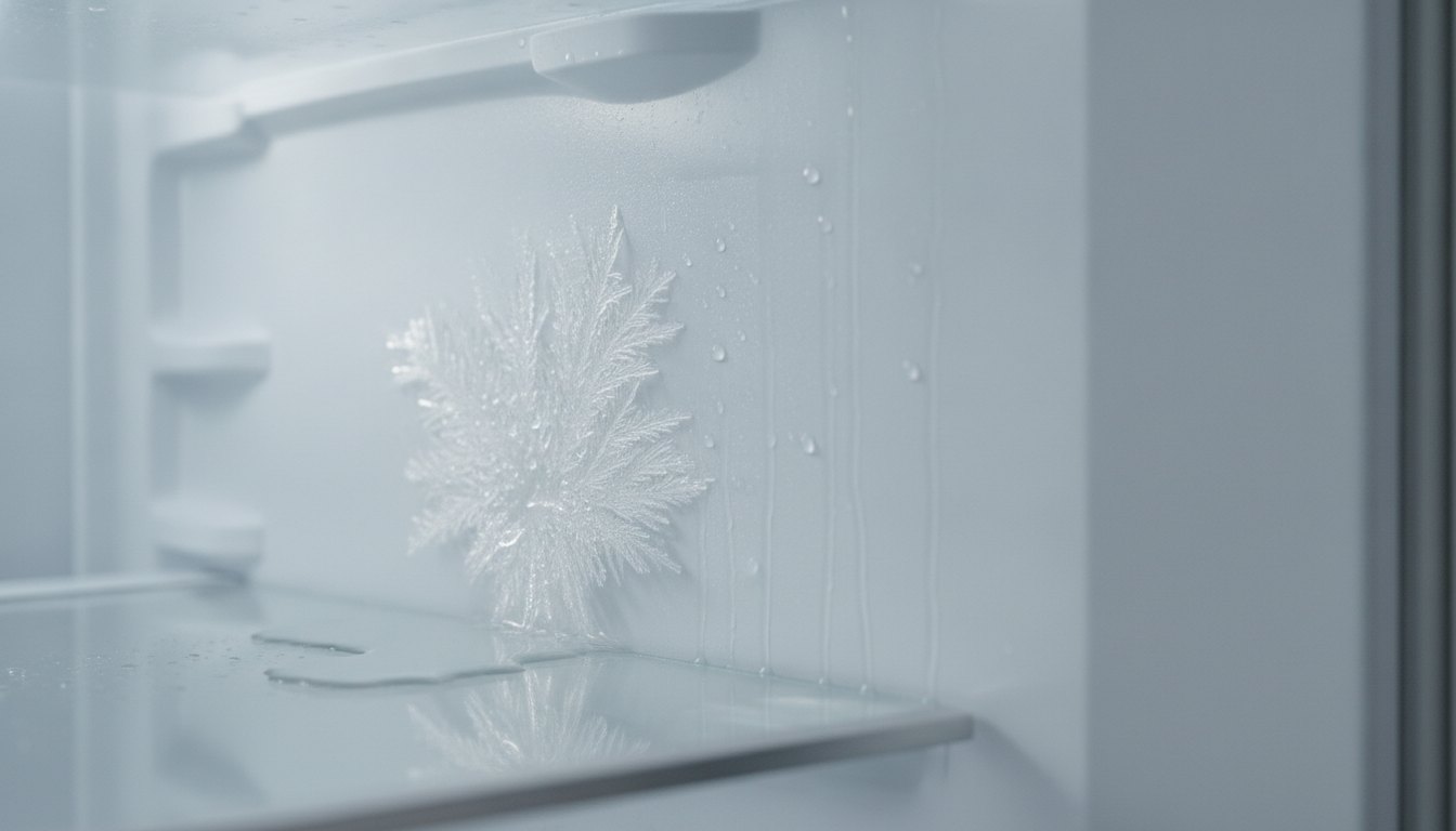 Gotejamento de água e cristais de gelo acumulados na parede interna de um refrigerador branco.