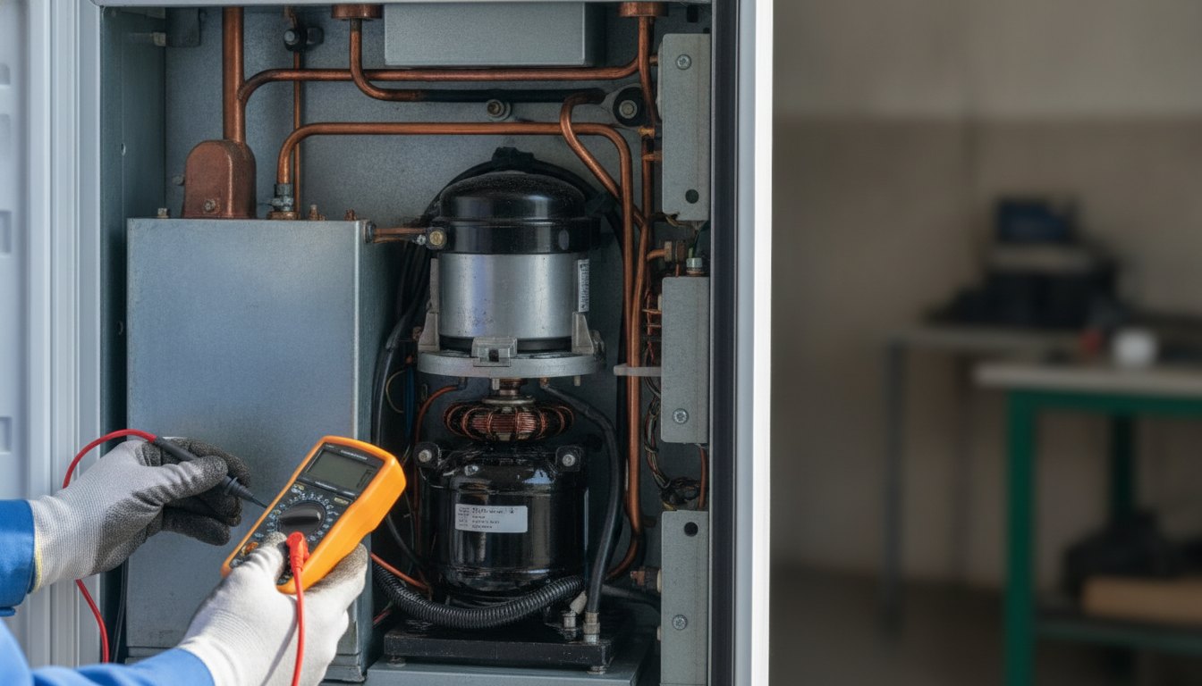 Técnico com luvas segurando um multímetro próximo ao motor aberto na parte traseira de um refrigerador.