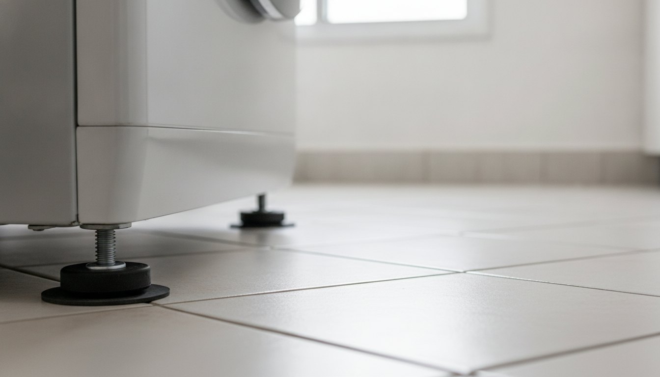 Pés niveladores de uma máquina de lavar apoiados sobre um piso de cerâmica clara.