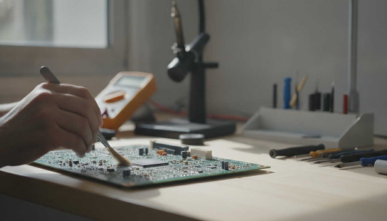Técnico utiliza ferramentas de precisão para limpar placa de circuito em bancada iluminada.