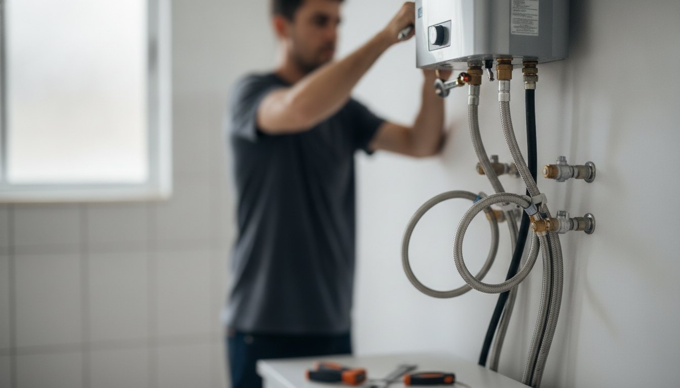 Técnico ajusta conexões metálicas e mangueiras flexíveis em um aquecedor de passagem fixado na parede branca.