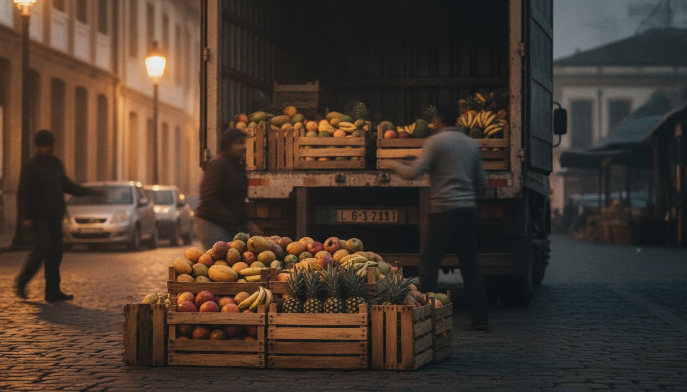 Feirantes descarregando caixas de madeira com frutas sob iluminação amarela de rua durante a madrugada.