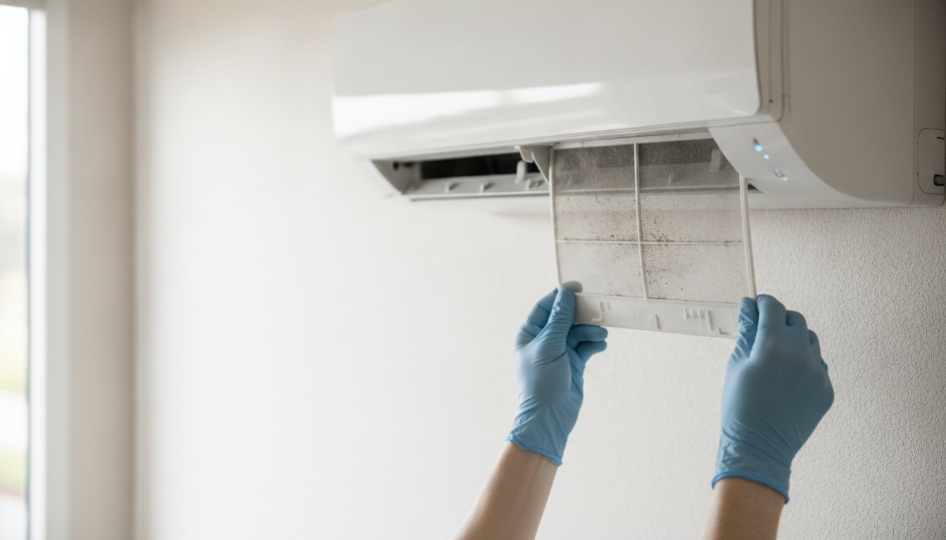 Homem com luvas retira o filtro de plástico de um ar-condicionado de parede branco.