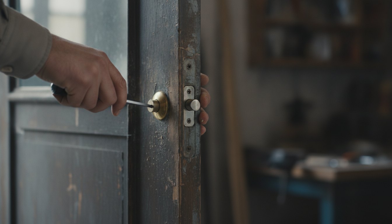 Pessoa ajustando o cilindro metálico de uma porta de madeira com chave de fenda.