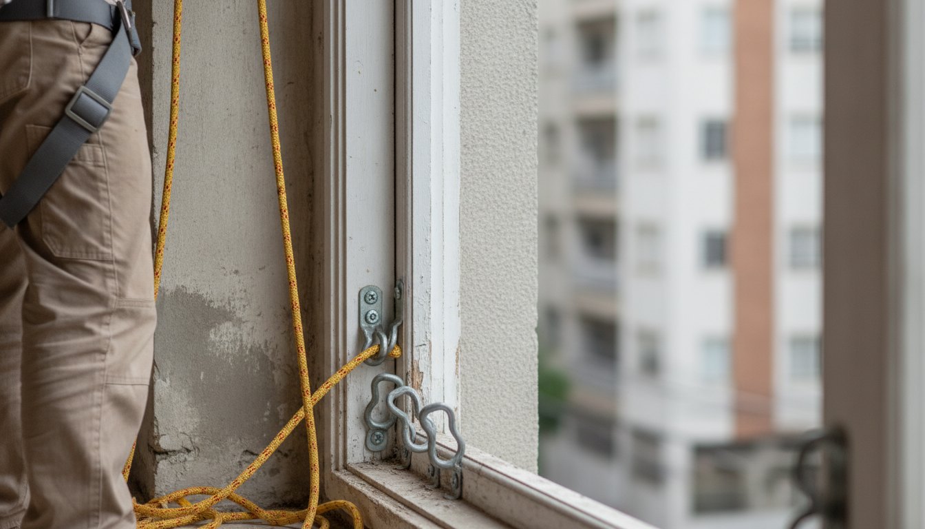 Trabalhador prendendo cordas de proteção em ganchos metálicos fixados na moldura lateral de uma janela residencial.