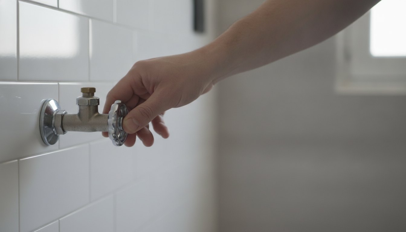 Mão de uma pessoa ajustando um registro de água metálico na parede de um banheiro limpo.