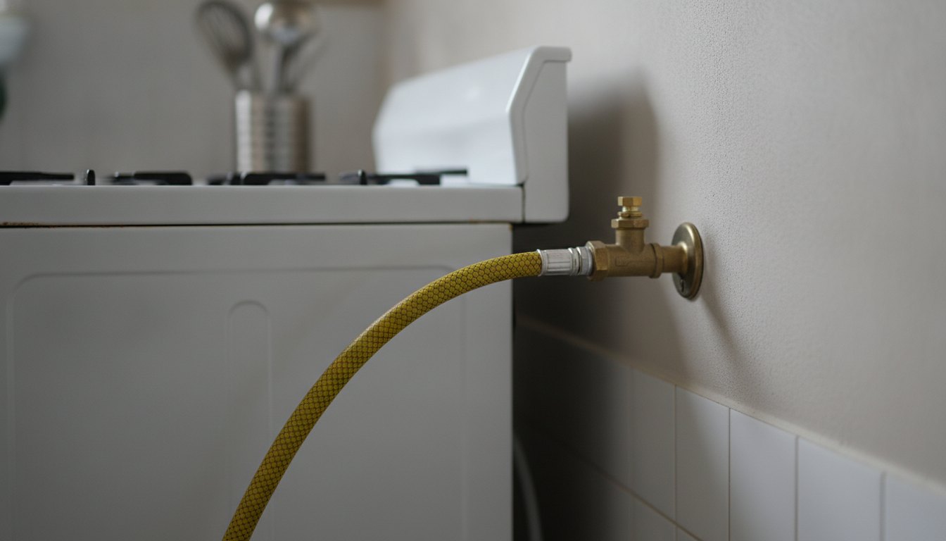 Fogão residencial com a mangueira amarela de gás conectada ao registro na parede.