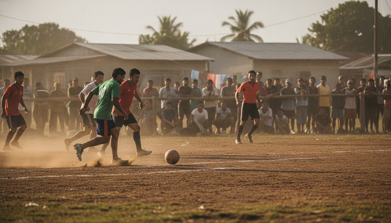 Jogadores amadores disputam partida de futebol em campo de terra cercado por moradores assistindo ao redor.