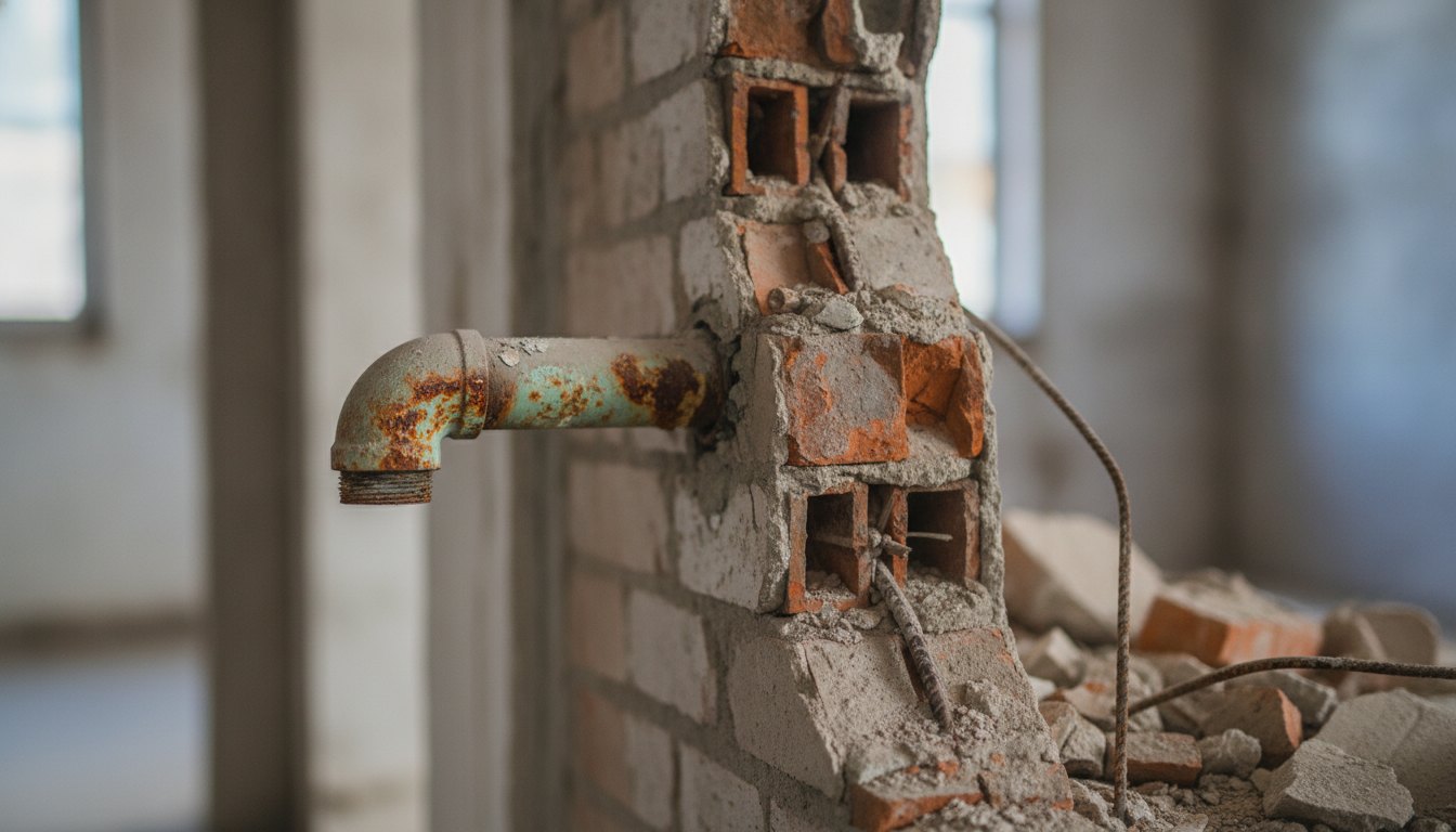 Cano metálico antigo com ferrugem e oxidação exposto em uma parede quebrada de alvenaria.