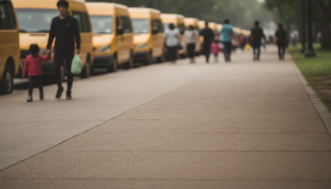 Dezenas de pais e alunos caminhando pela calçada ao lado de vans escolares estacionadas em fila.