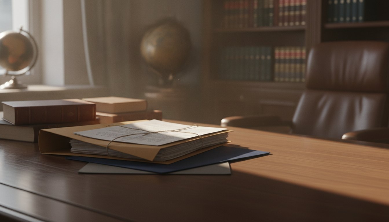 Documentos jurídicos e pastas organizadas sobre uma mesa de madeira em um escritório.