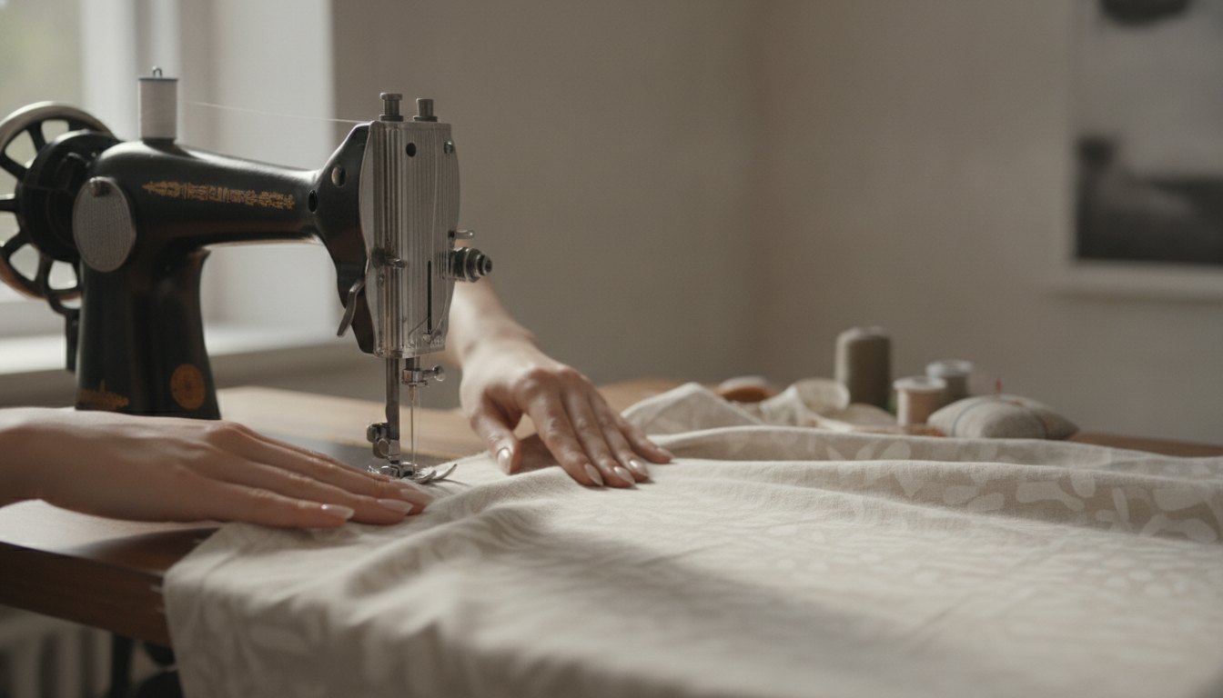 Máquina de costura em funcionamento com tecido sendo ajustado por mãos femininas sobre a mesa.