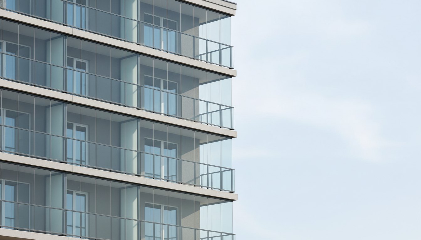 Prédio residencial com varandas fechadas por vidro e telas instaladas nas janelas.