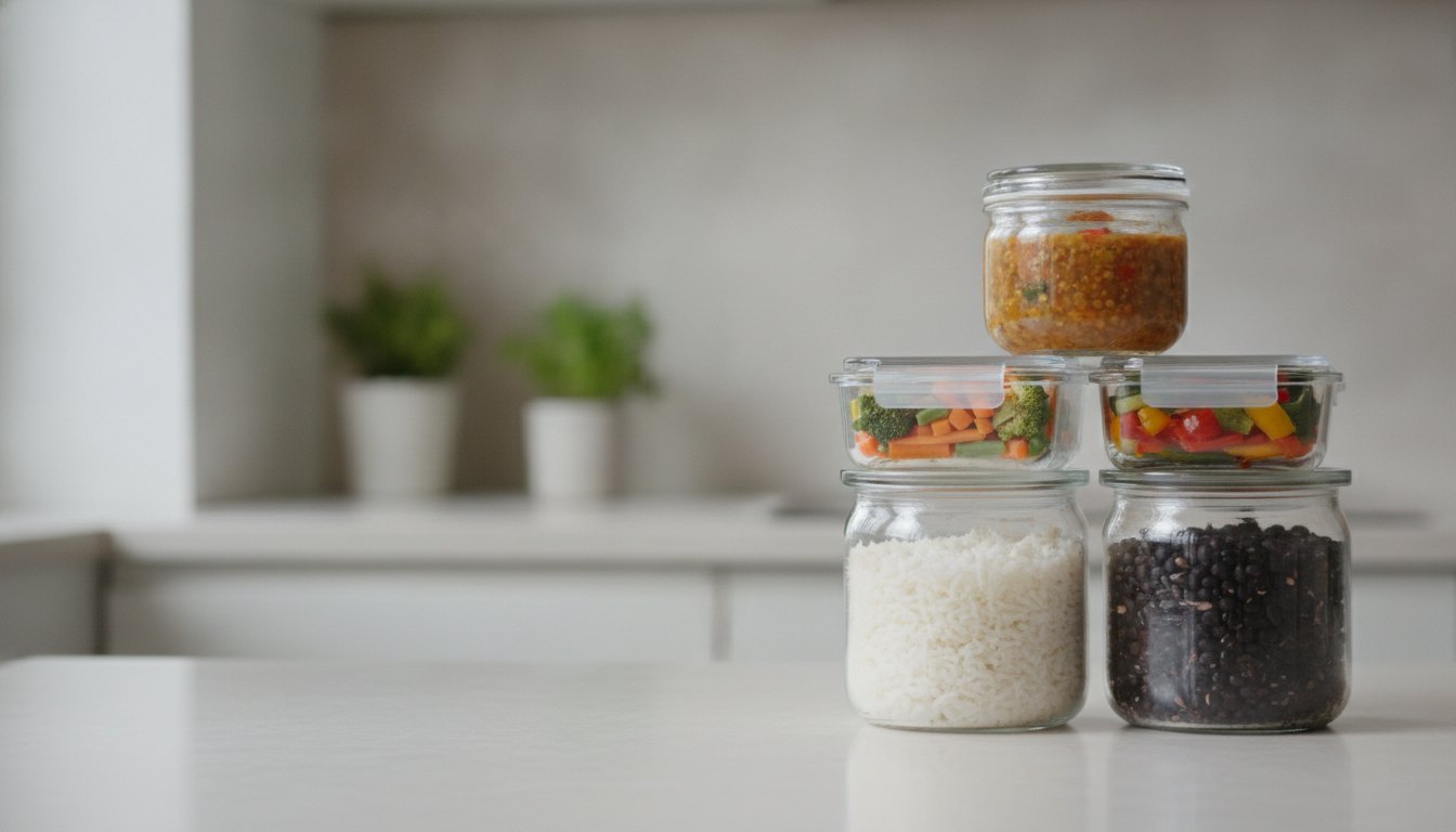 Recipientes de vidro com arroz, feijão e legumes empilhados sobre uma bancada de cozinha clara.