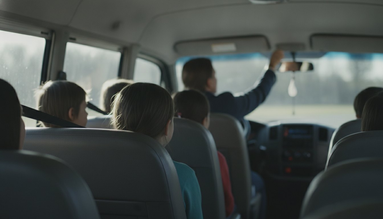 Motorista de van escolar ajustando o retrovisor com crianças sentadas nos bancos traseiros usando cinto.