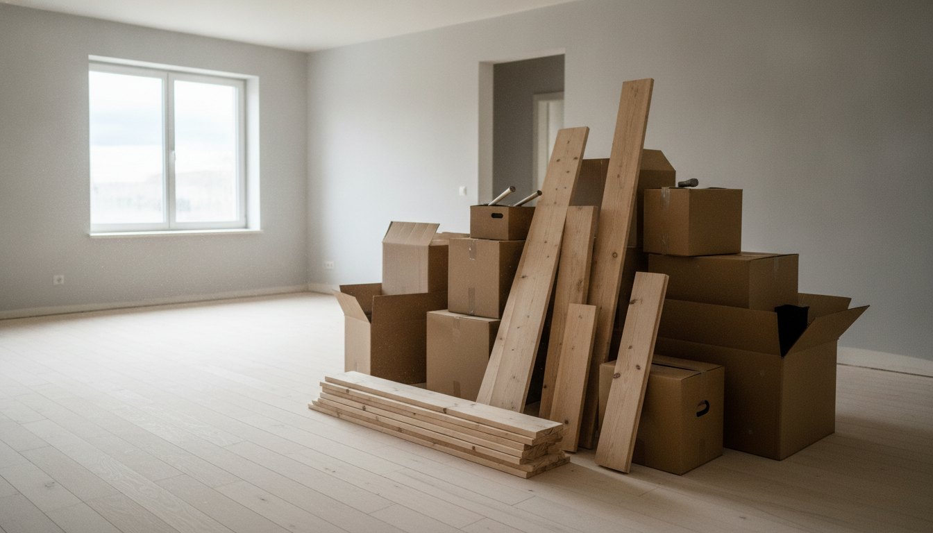 Quarto vazio com caixas de papelão e peças de madeira empilhadas no chão.