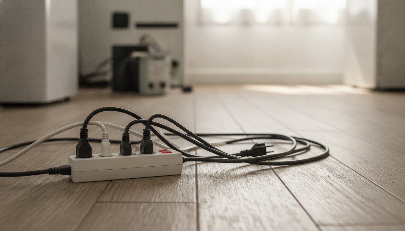 Filtro de linha com várias tomadas conectadas a cabos de energia sobre um piso de madeira.