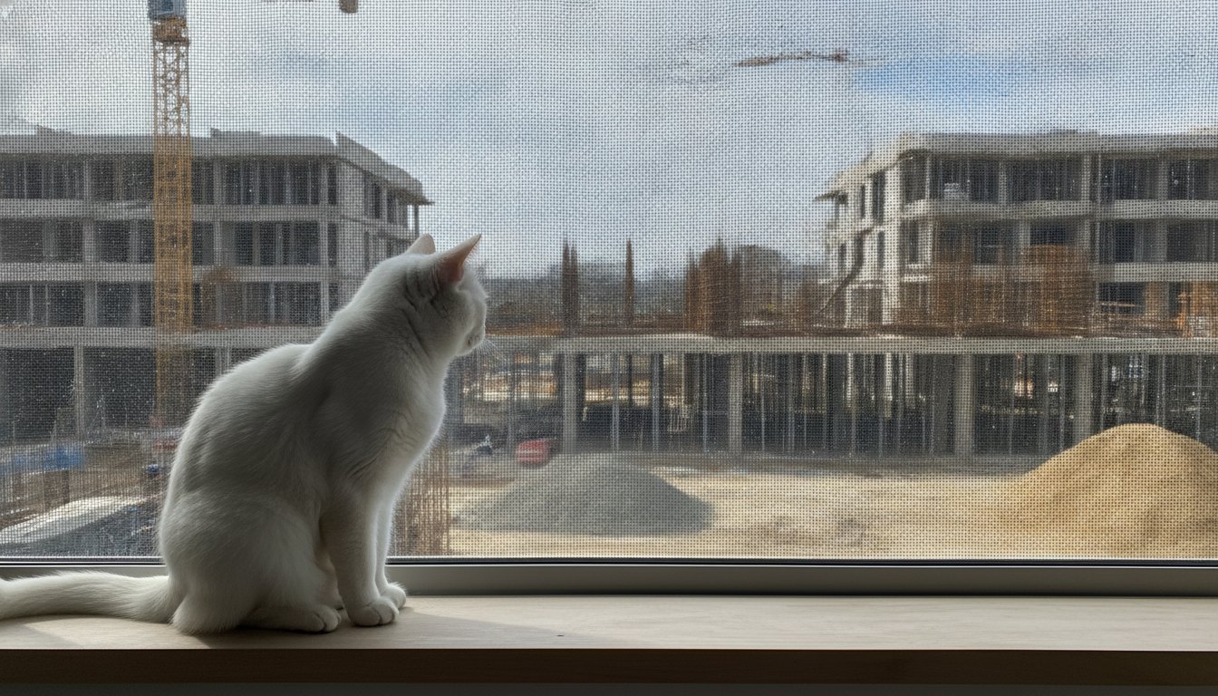 Gato branco observando a rua através de uma janela com rede de proteção tensionada.