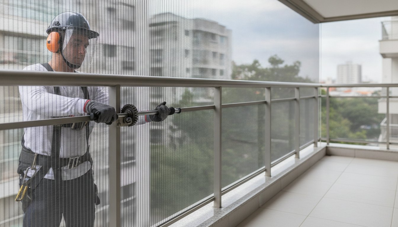 Profissional com equipamento de proteção ajustando a tensão de malha sintética em uma varanda residencial.