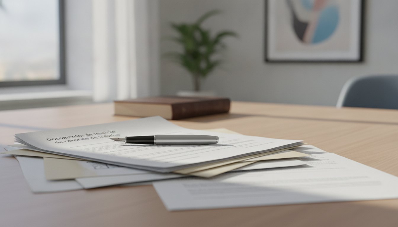 Documentos de rescisão de contrato de trabalho e uma caneta sobre uma mesa de escritório.