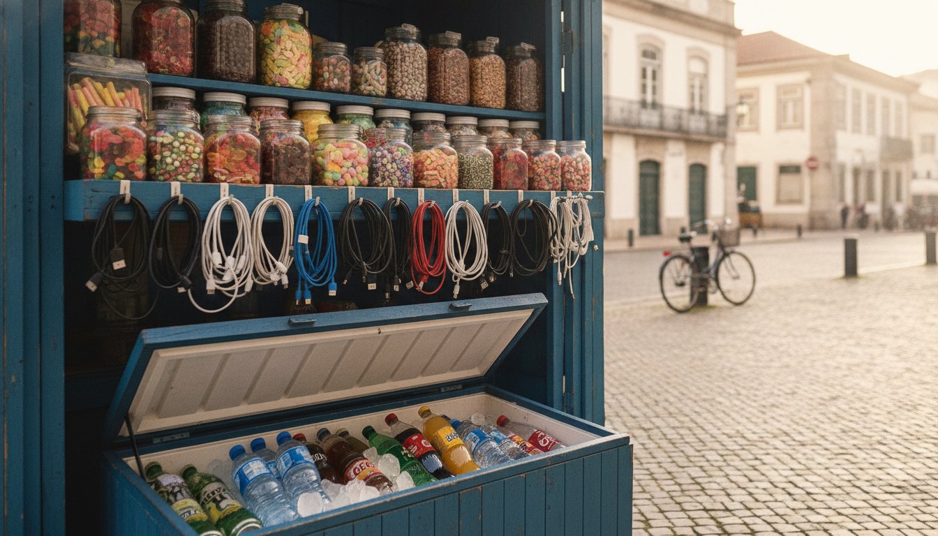 Banca de calçada com prateleiras repletas de doces, cabos de celular e bebidas geladas em exposição.