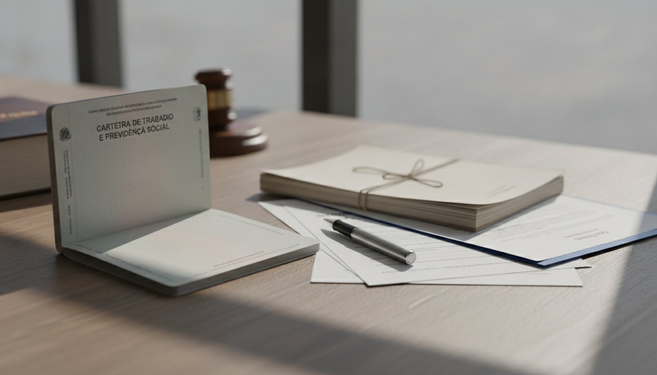 Carteira de trabalho aberta sobre uma mesa ao lado de documentos e uma caneta.
