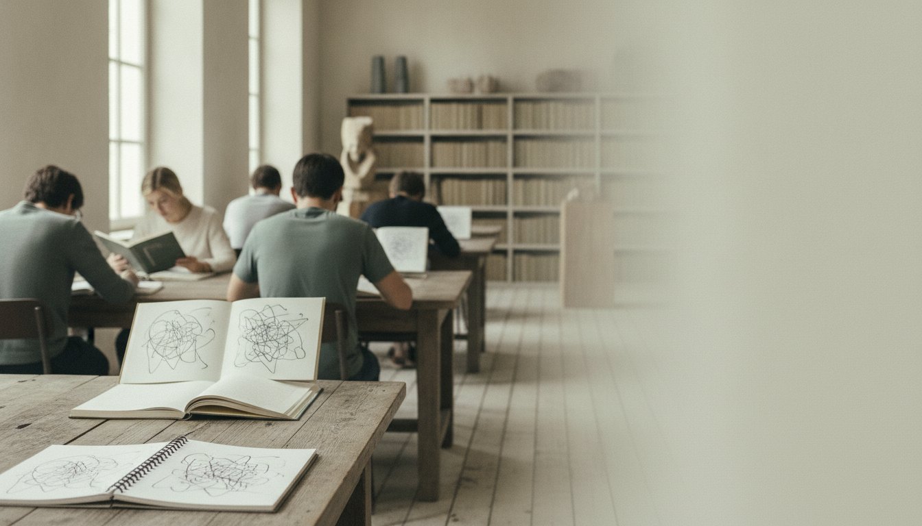 Jovens sentados em mesas de madeira lendo livros e cadernos em uma sala ampla e silenciosa.